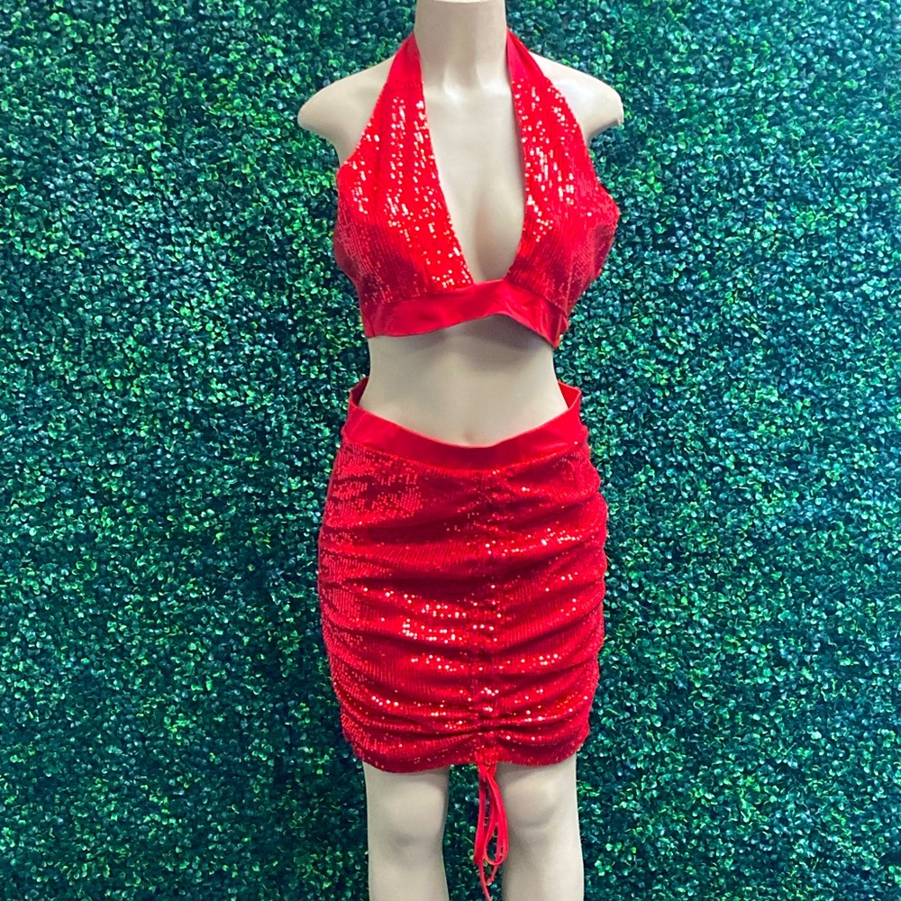 Red Sequin halter top and skirt set